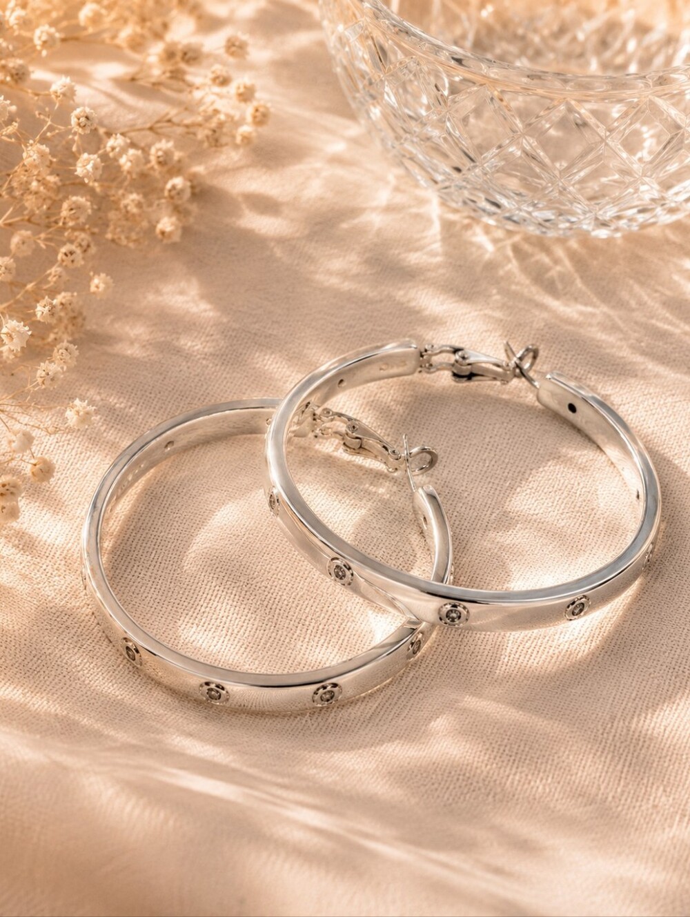 Amazon Silver Hoop Earrings with Crystal Stud Accents - Silver